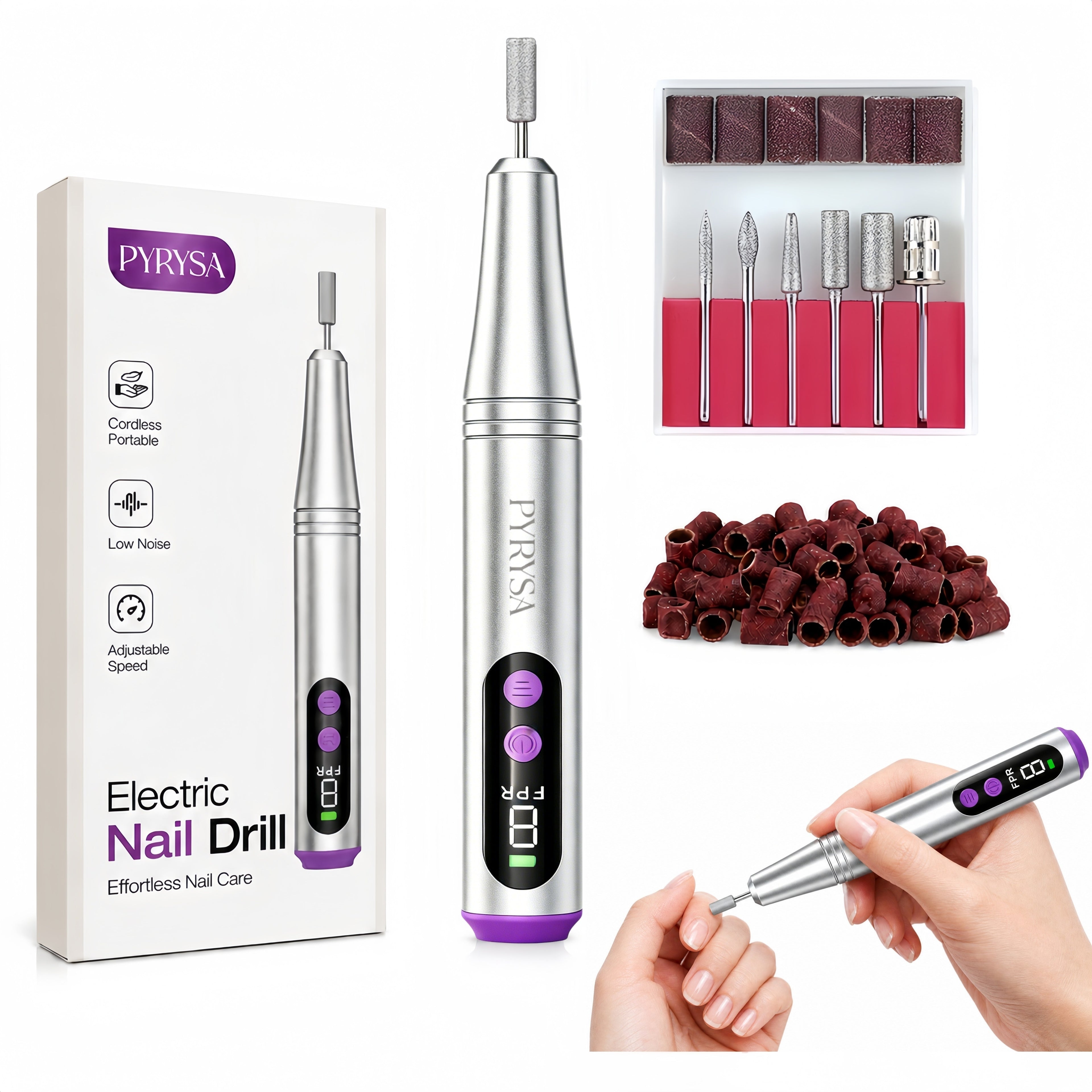 PYRYSA Electric Nail Drill Professional - Cordless Nail Drill for Acrylic & Gel Nails, 20000RPM, 9 Speeds, LED Display, E File for Manicure Pedicure (Matte Silver)